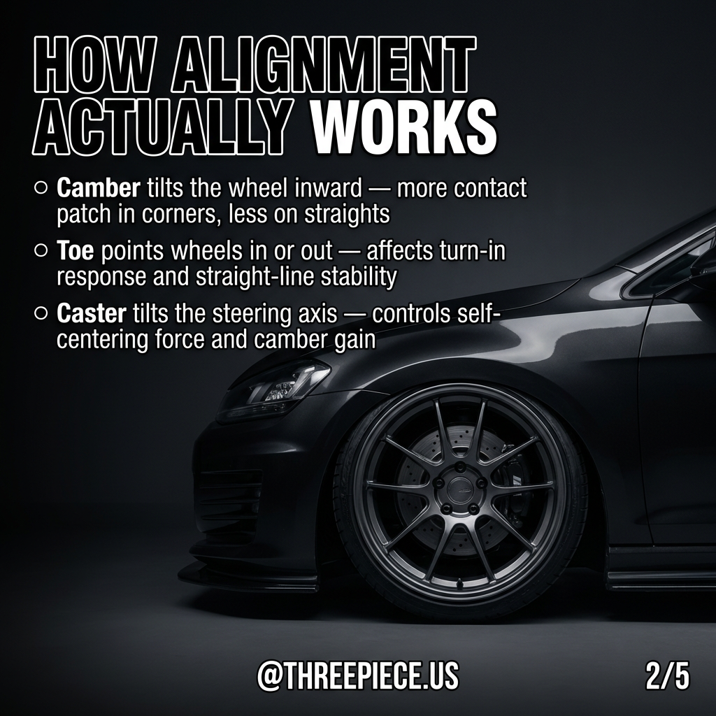 Camber toe and caster alignment angles explained with visual diagram