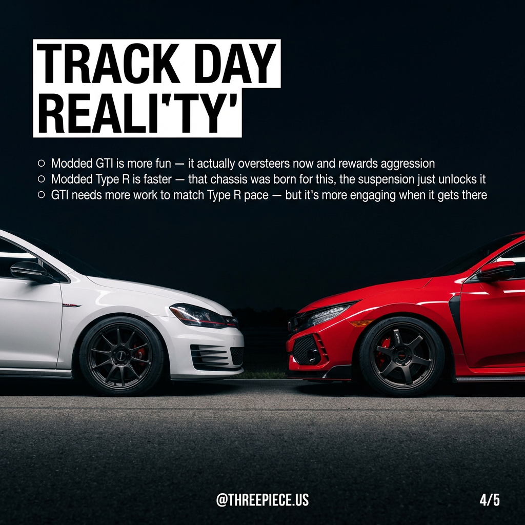 GTI Mk7 and Civic Type R FK7 on track with aftermarket coilovers and big brake kits