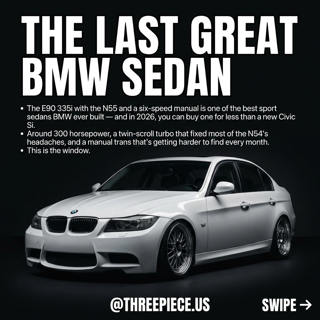 BMW E90 335i N55 six-speed manual sport sedan front three-quarter view