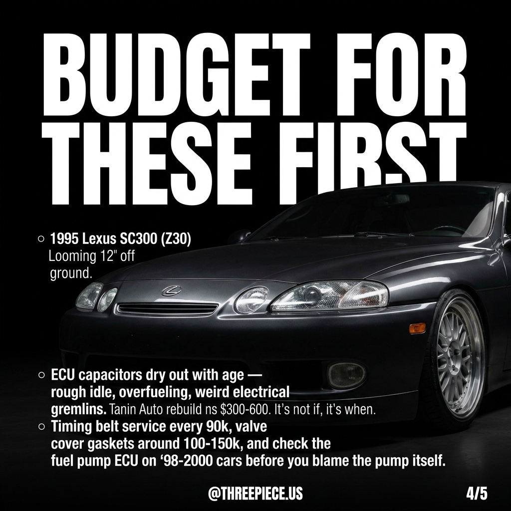 Lexus SC300 common failure points infographic showing ECU, timing belt, and valve cover areas