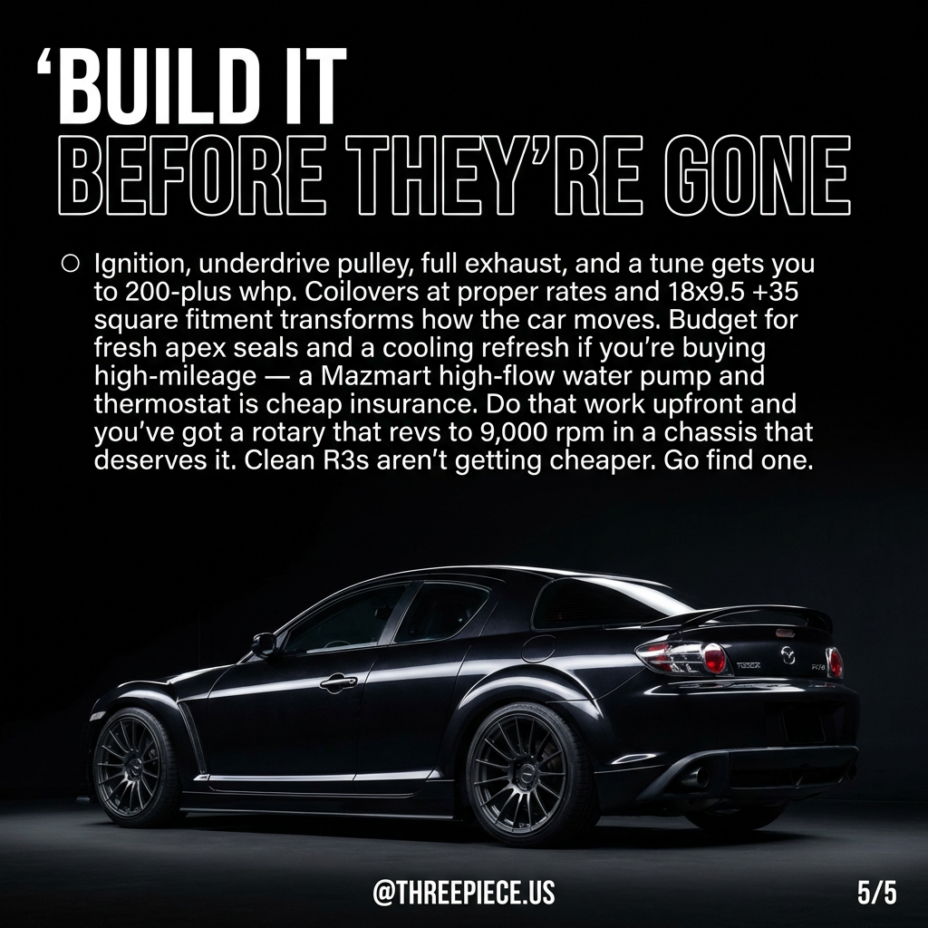 Clean Mazda RX-8 R3 build with 18-inch aftermarket wheels and coilover suspension