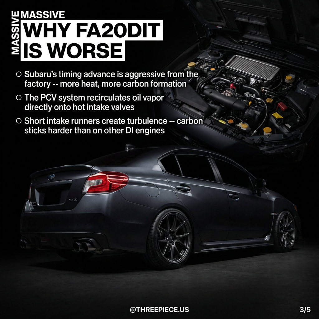 FA20DIT boxer engine layout showing short intake runners and PCV routing causing carbon buildup