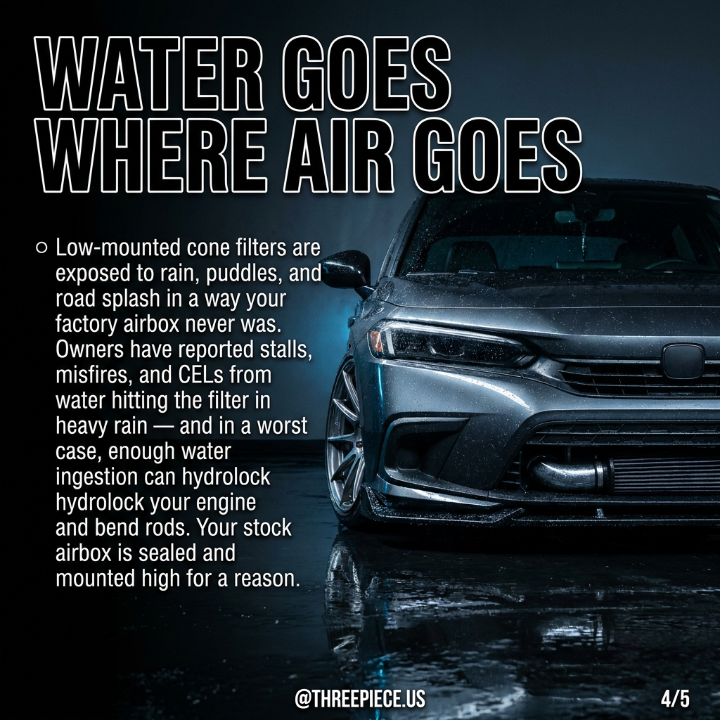 Slide explaining hydrolock risk from low-mounted cold air intake filters