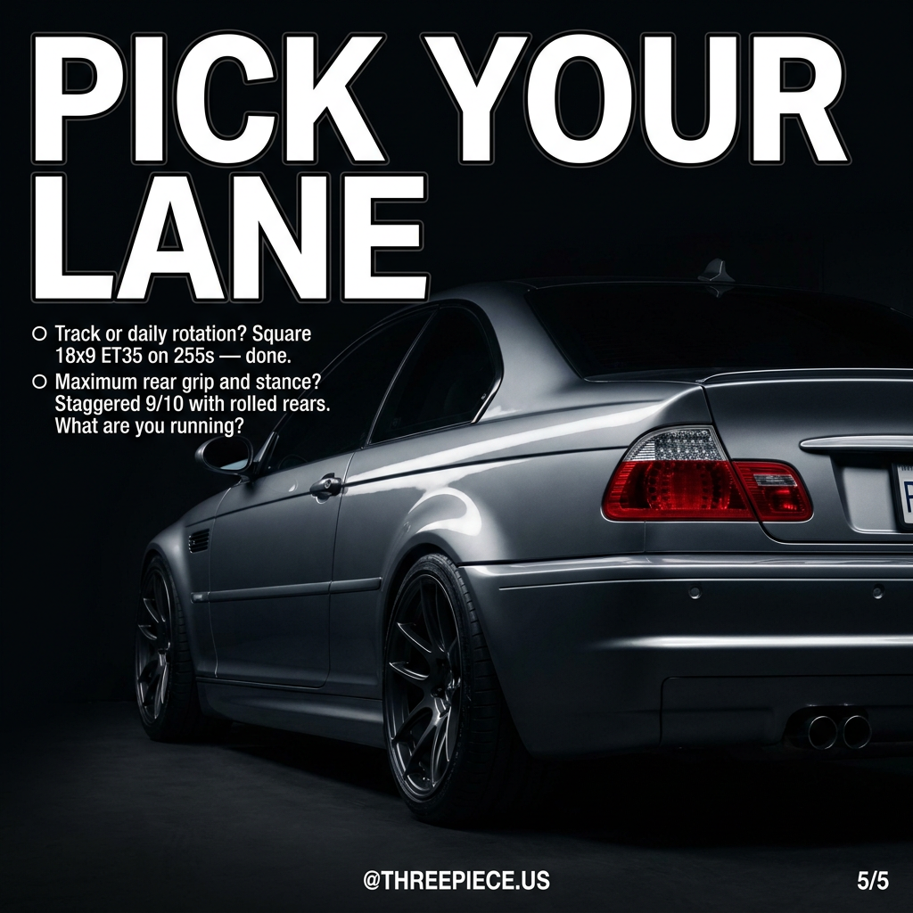 BMW E46 M3 fitment comparison showing square vs staggered wheel setups