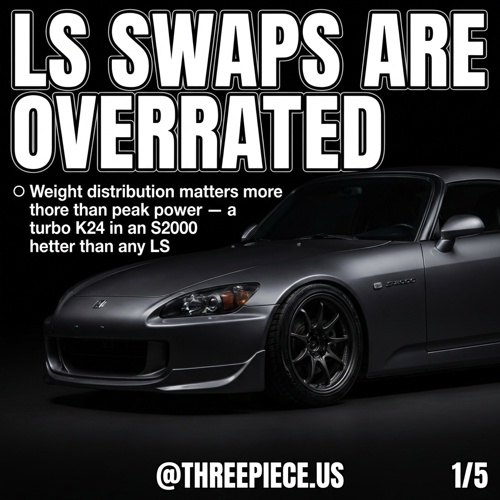 LS swap engine bay showing weight distribution issues in lightweight chassis
