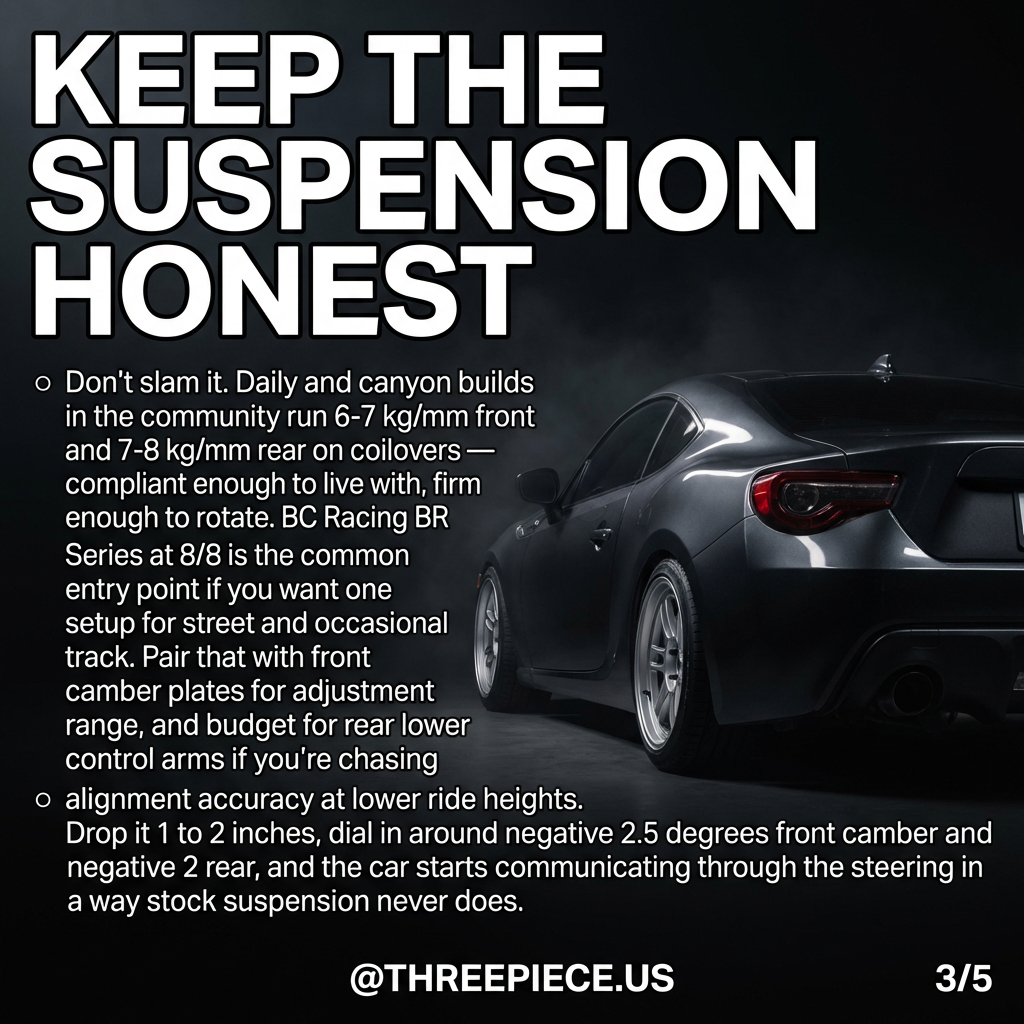 Scion FR-S ZN6 lowered on coilovers with proper suspension geometry and camber