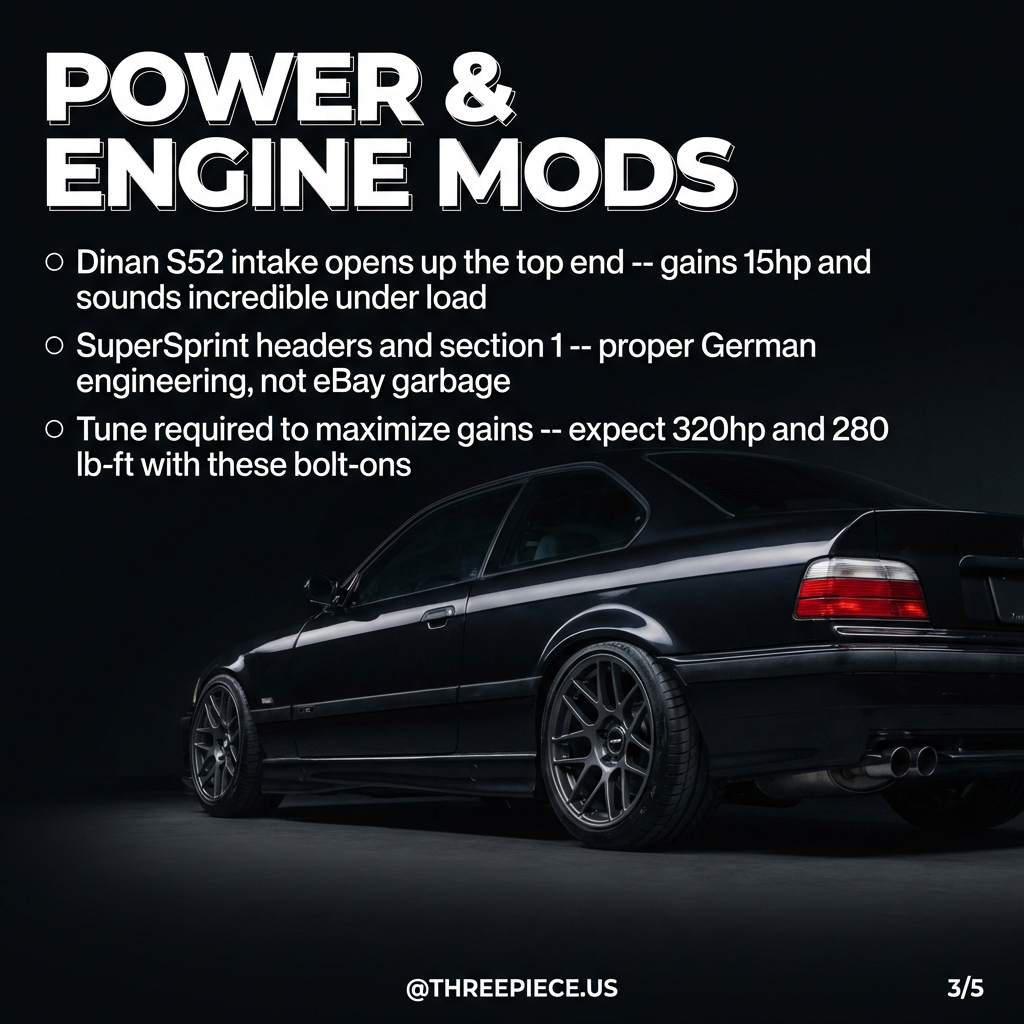 Dinan S52 intake and SuperSprint exhaust headers on BMW E36 M3 engine bay