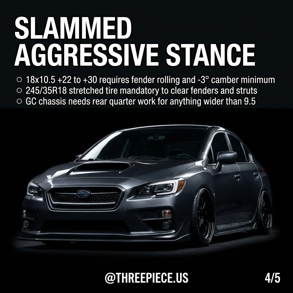 Slammed WRX with aggressive 18x10.5 wheels and stretched tires