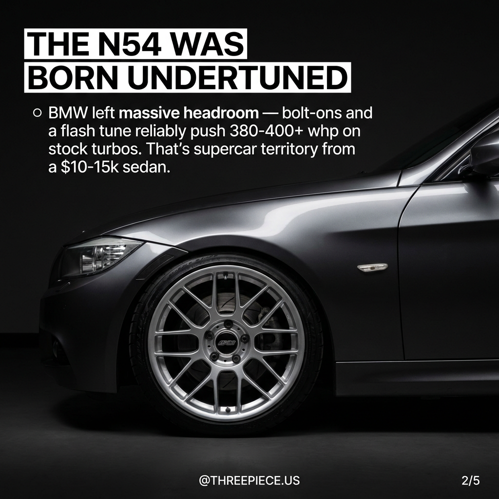 BMW N54 twin-turbo inline-six engine bay with bolt-on modifications