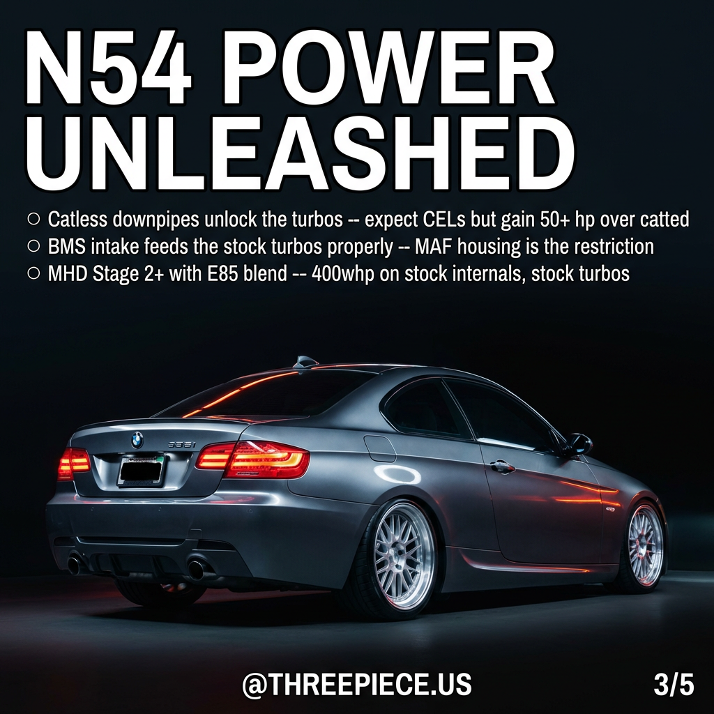 BMW N54 engine with catless downpipes and BMS intake system