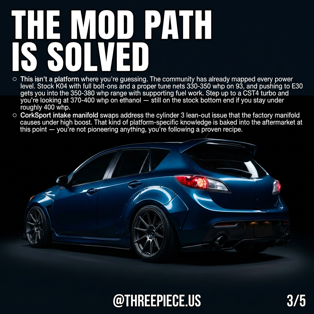 Mazdaspeed 3 BL mod path infographic showing K04 bolt-on power levels