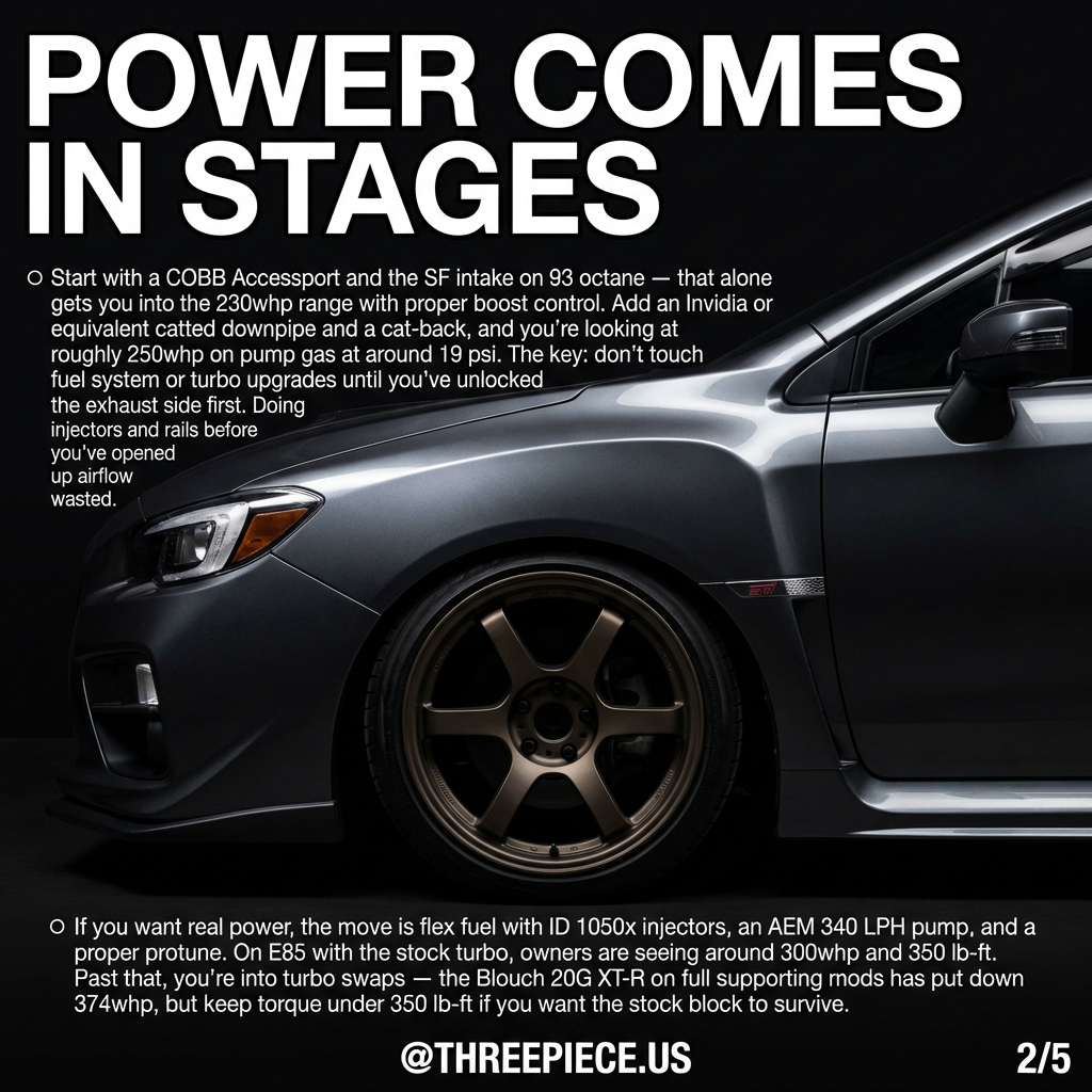 Subaru WRX STI VA engine bay with COBB intake and turbo modifications