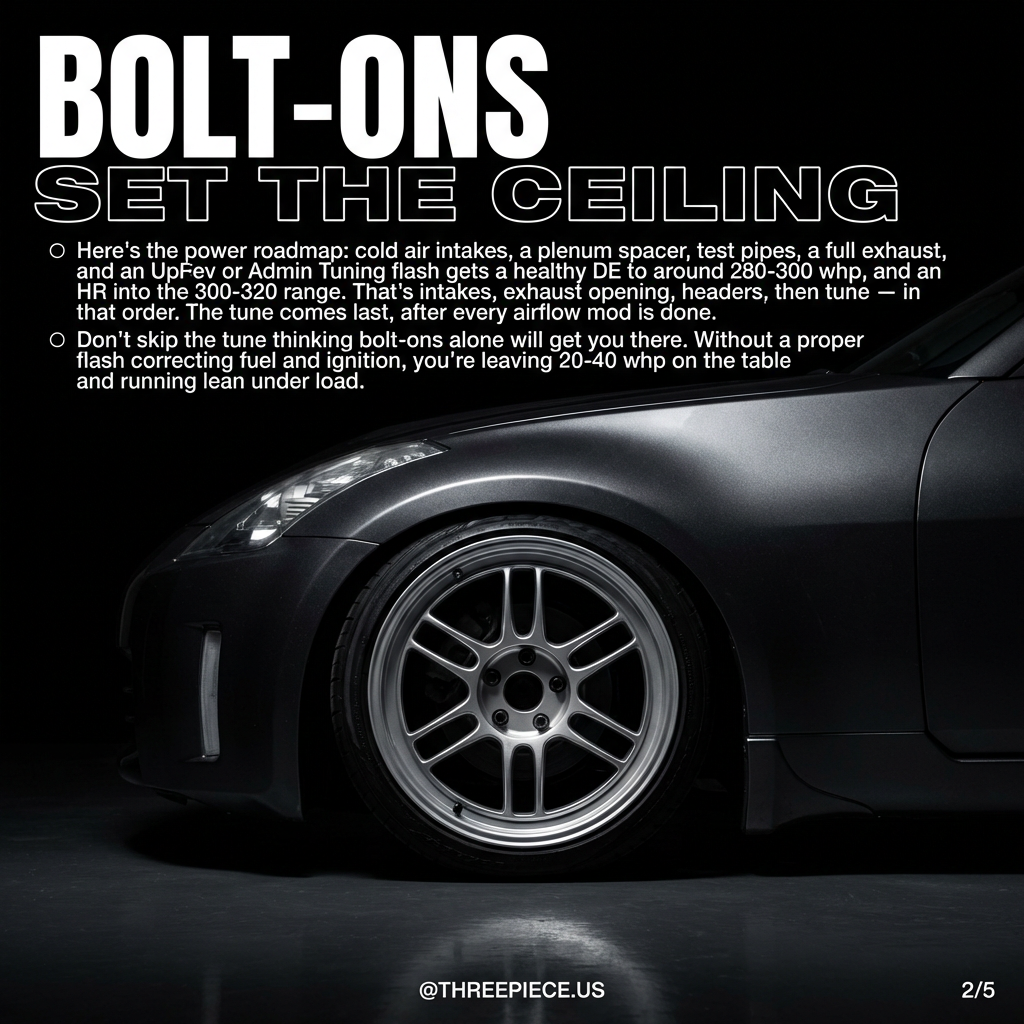 350Z Z33 engine bay showing VQ35 bolt-on modifications