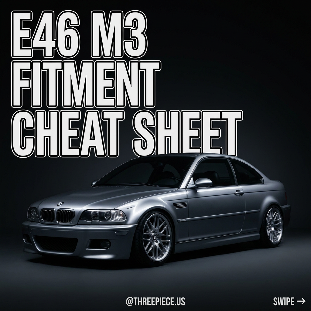 BMW E46 M3 wheel fitment cheat sheet showing square and staggered setup specs