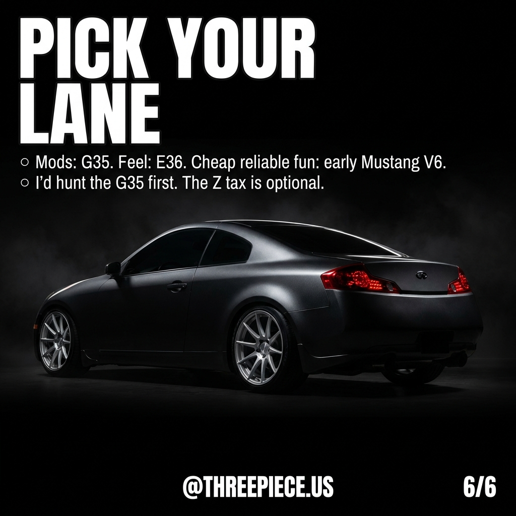 Pick your lane: G35 for mods, E36 for feel, Mustang V6 for cheap reliable RWD fun