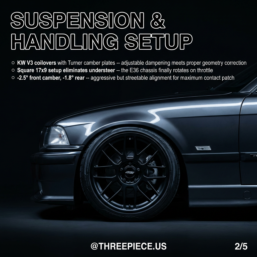 KW V3 coilovers and Turner camber plates installed on BMW E36 M3