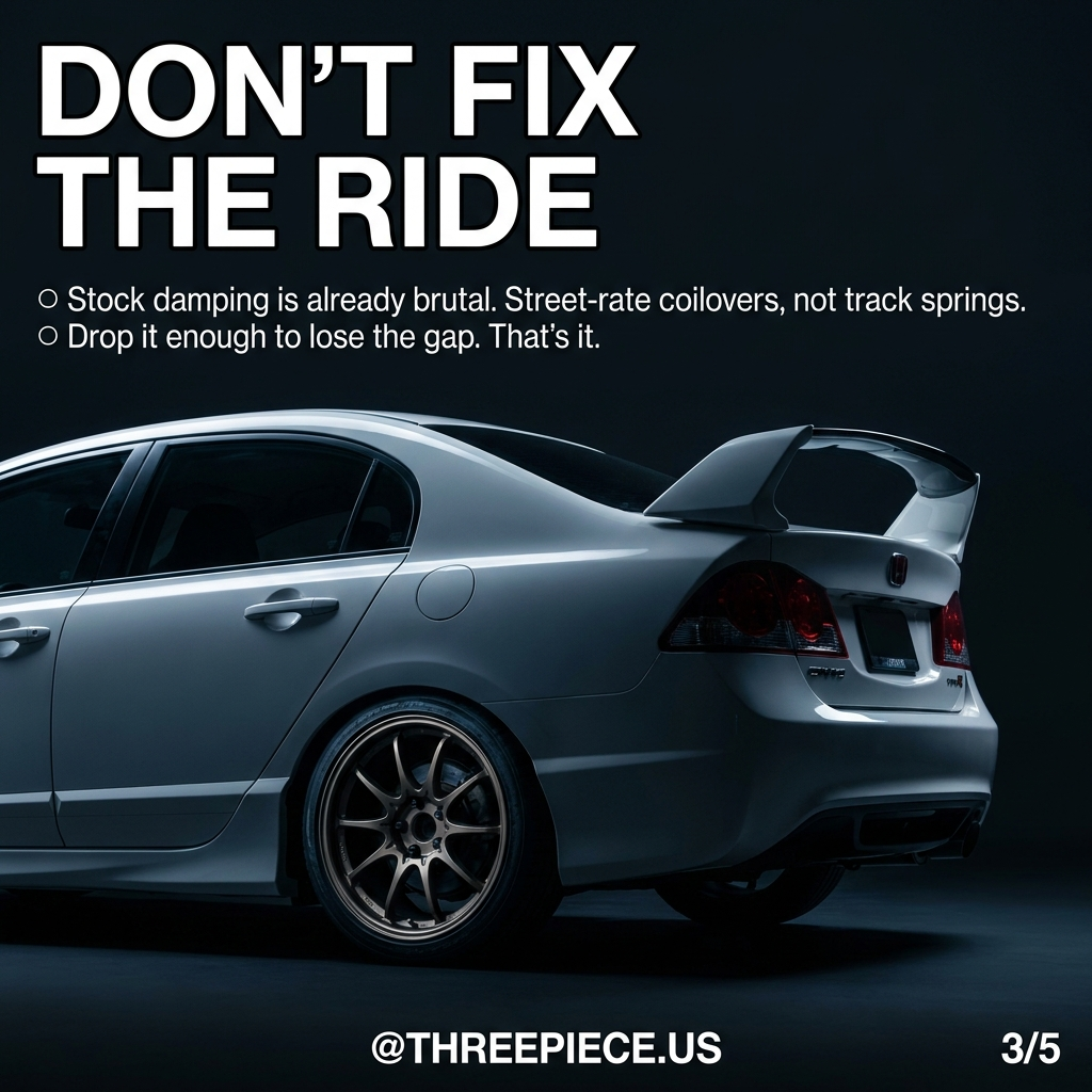 Lowered FD2 Civic Type R on street coilovers showing fender gap
