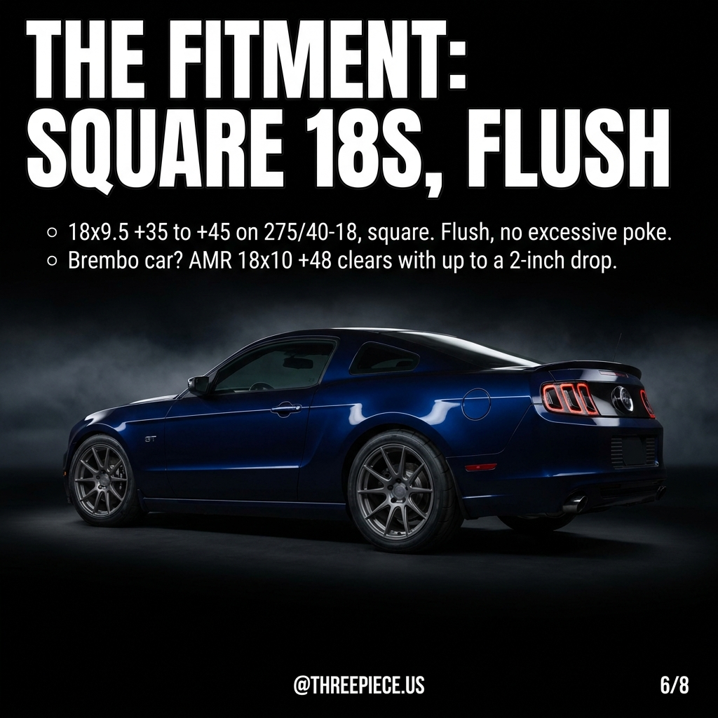 S197 Mustang GT on flush square 18x9.5 wheels with 275/40R18 tires