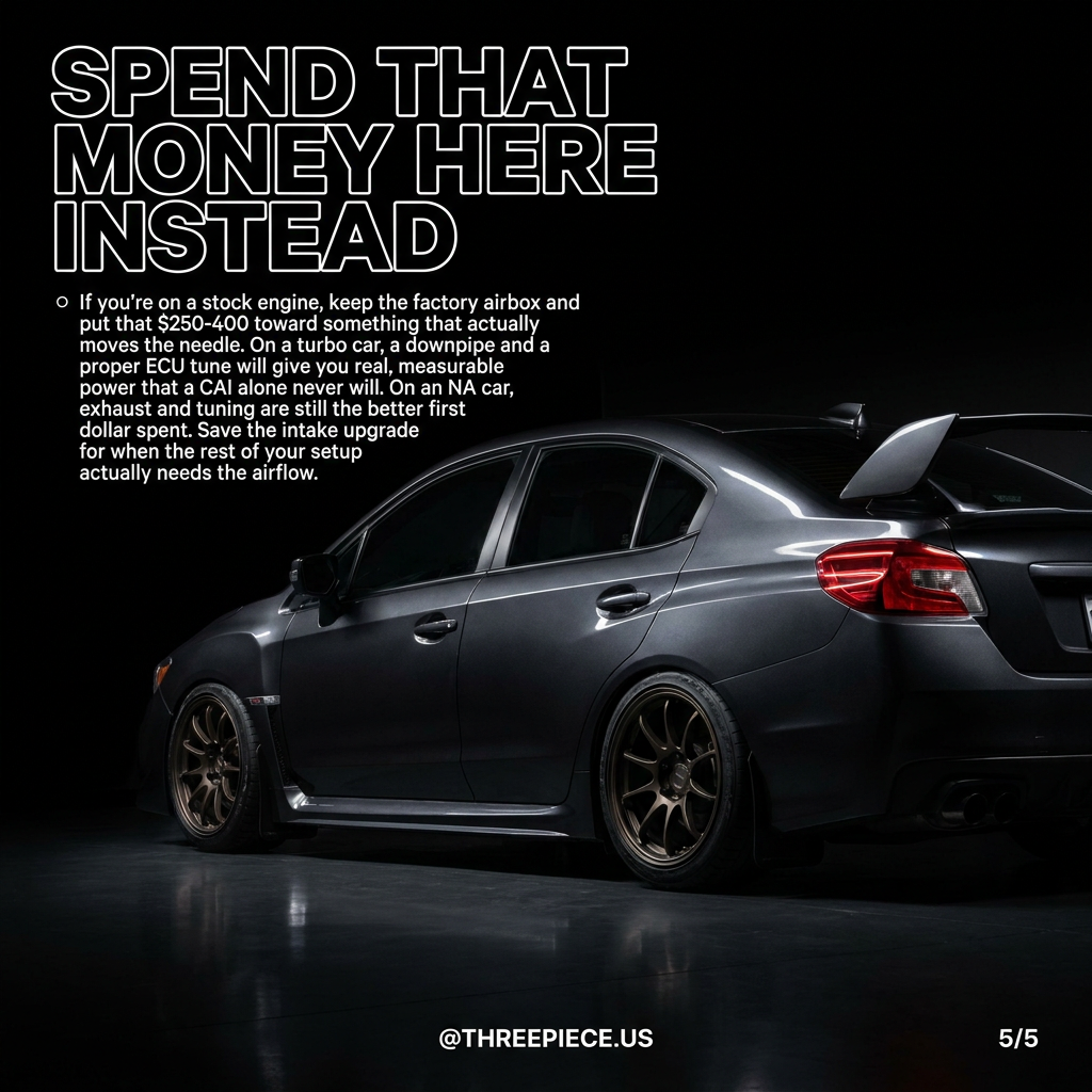 Slide recommending downpipes, exhaust, wheels, and suspension over cold air intakes