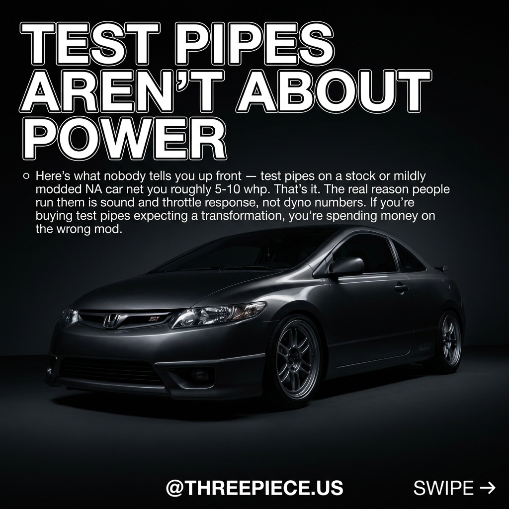 Test pipe comparison infographic showing resonated vs non-resonated test pipes on a Nissan 350Z