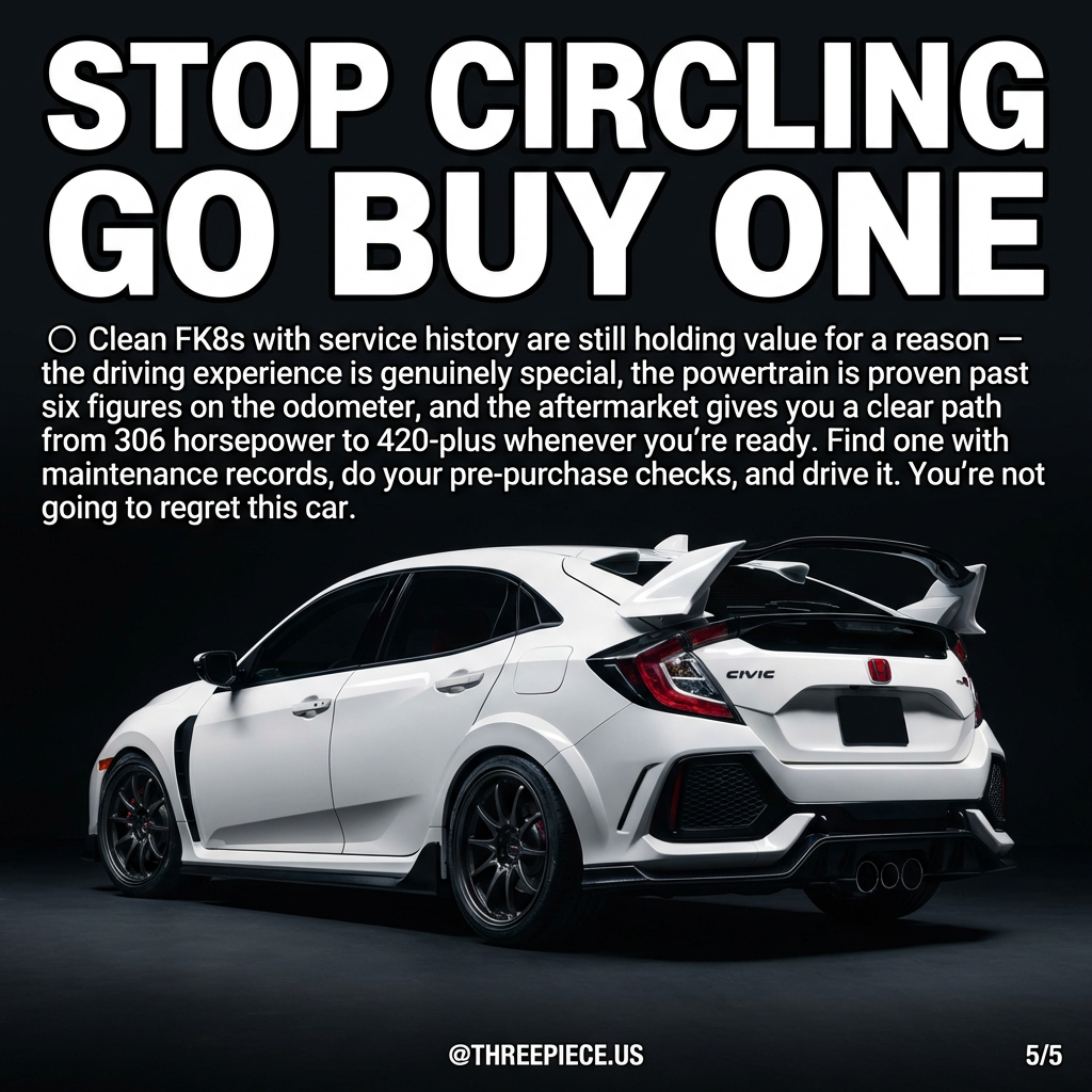 FK8 Honda Civic Type R on aftermarket 18-inch wheels with lowered suspension