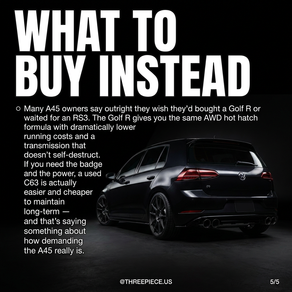 Alternative hot hatch comparison showing Golf R and RS3 as smarter buys versus the A45 AMG