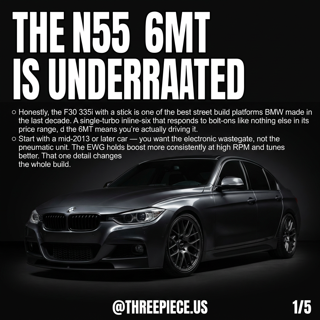 BMW F30 335i N55 6MT build guide with aftermarket wheels and lowered suspension