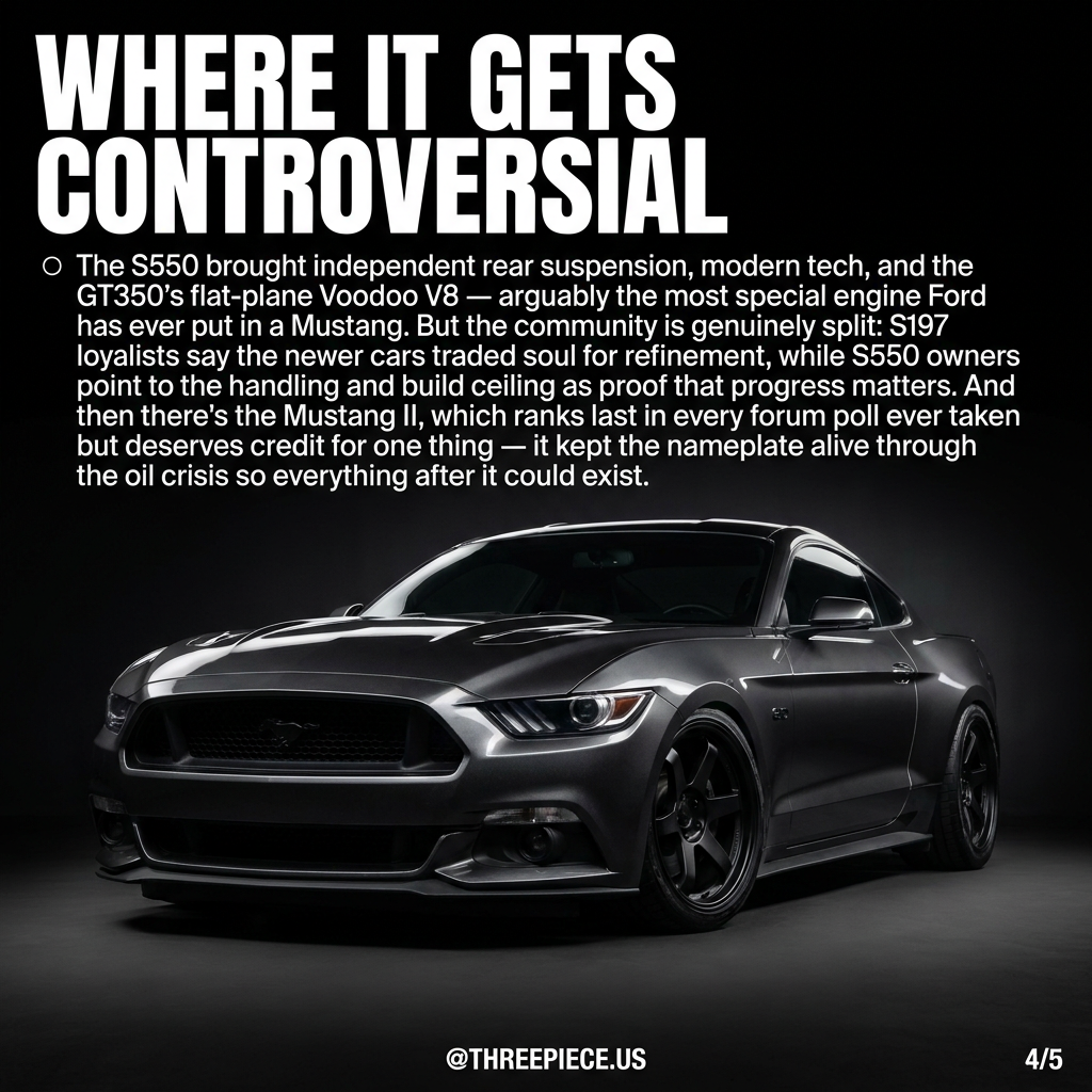 S550 Mustang GT350 with Voodoo V8 and New Edge Mustang GT representing controversial Mustang generations