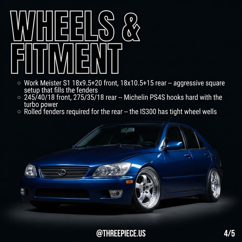 Work Meister S1 wheels on Lexus IS300 with aggressive fitment and rolled fenders