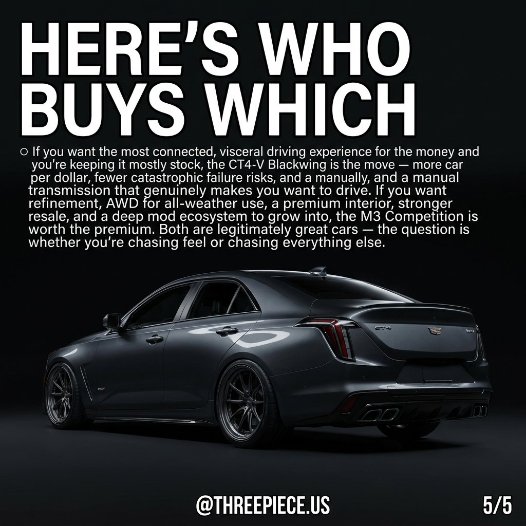 Sport sedan wheel fitment comparison 3-piece forged wheels on BMW M3 and Cadillac CT4-V Blackwing