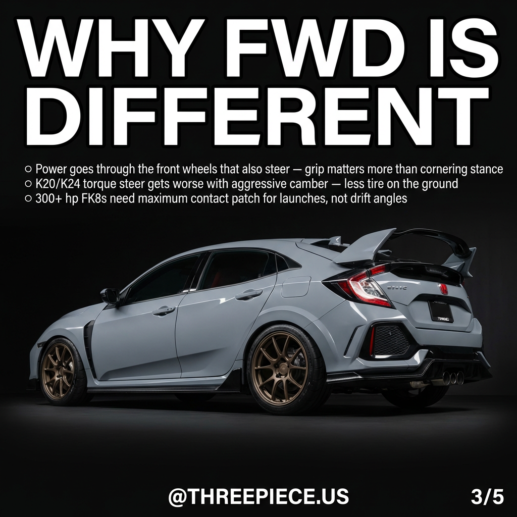 FWD vs RWD camber comparison showing different contact patch requirements