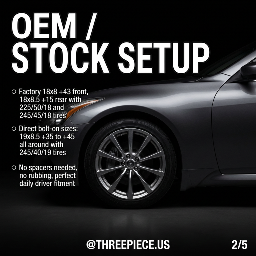 Stock Infiniti G37 wheel setup showing factory 18-inch staggered configuration