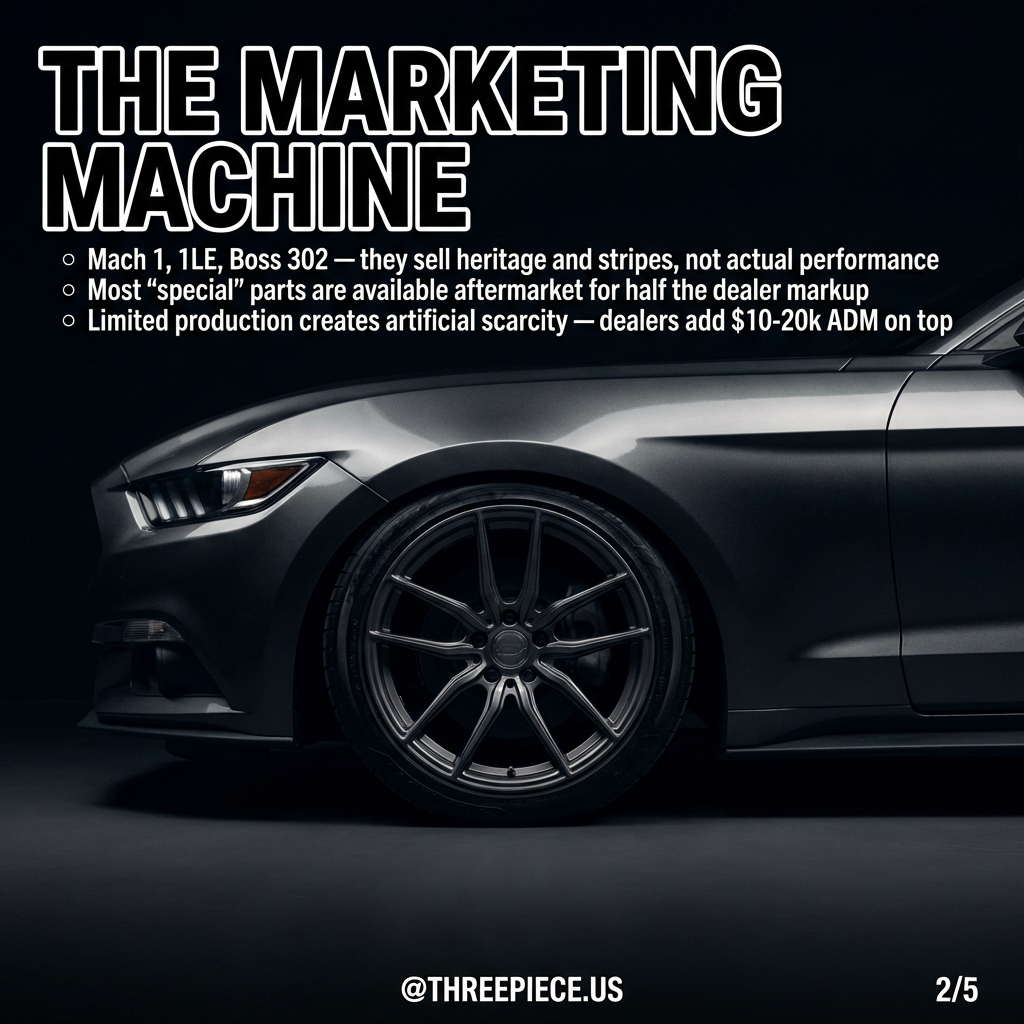 Mustang Mach 1 and Camaro 1LE special edition badges and marketing