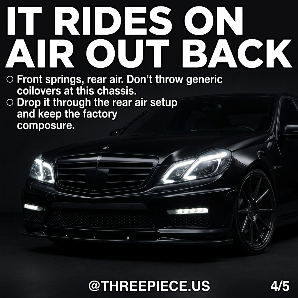 Lowered Mercedes W212 E63 AMG with rear air suspension drop and front springs