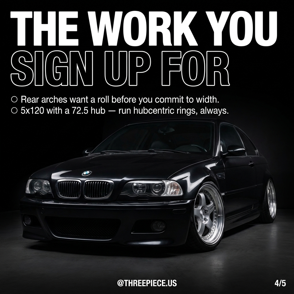 E46 M3 rear fender roll and camber setup for wider square wheel fitment