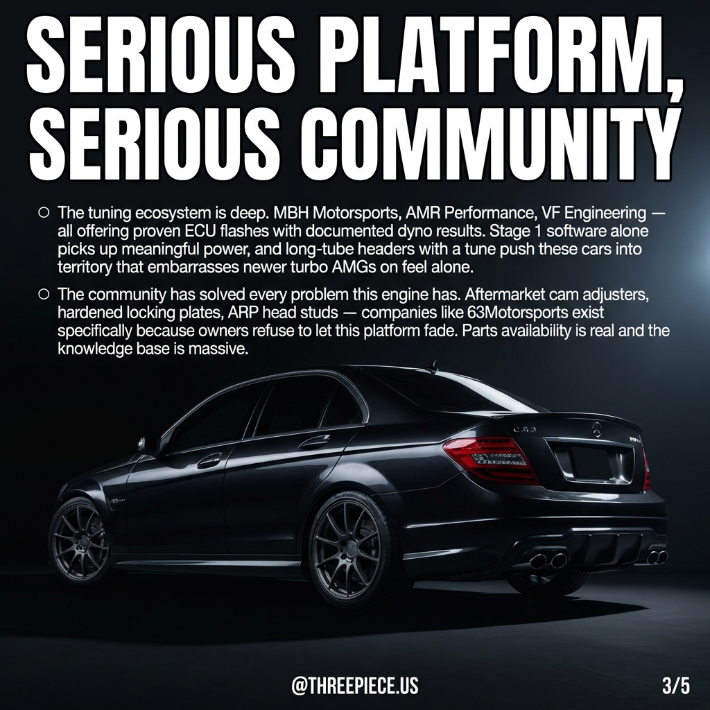 W204 C63 AMG engine bay showing M156 V8 with aftermarket modifications