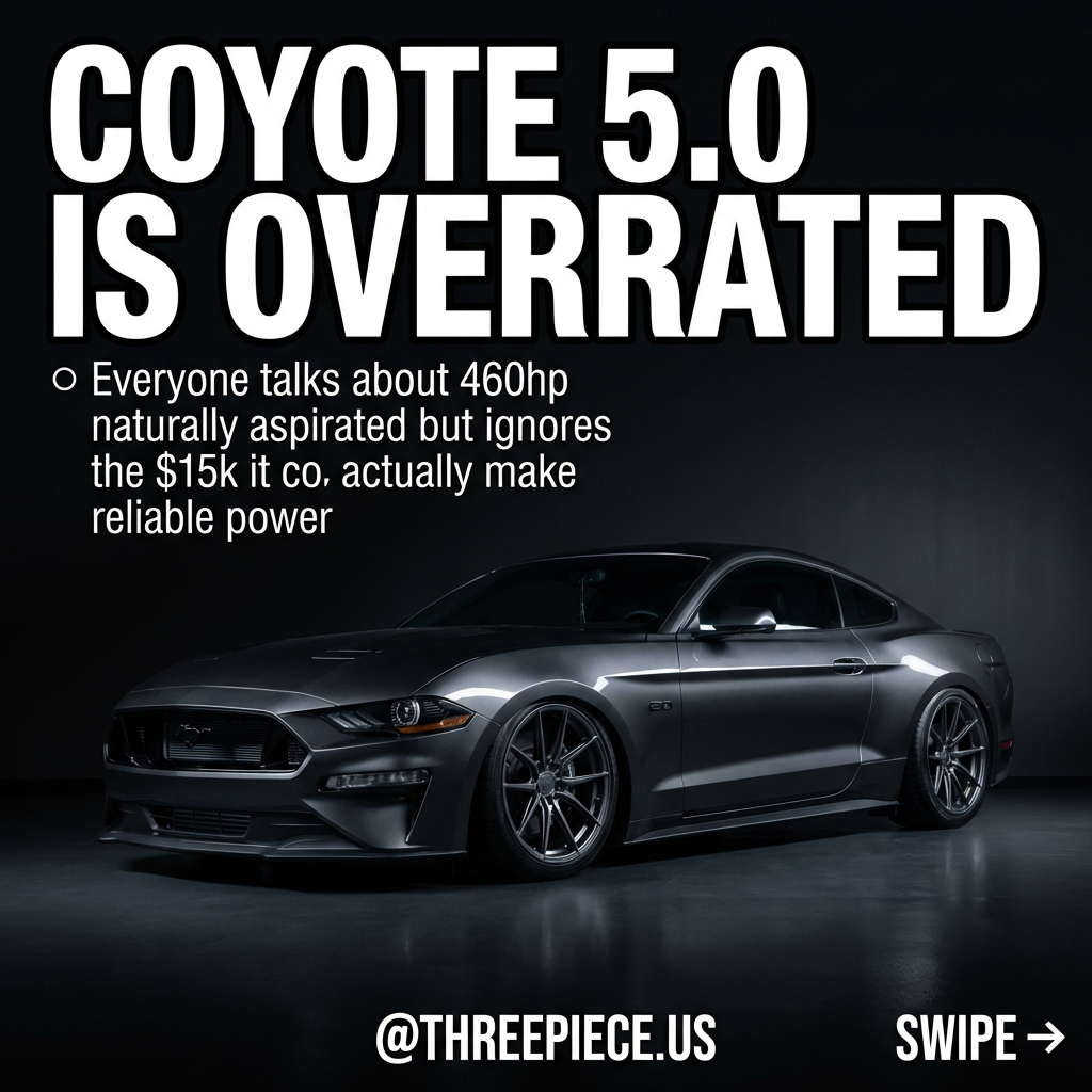 Coyote 5.0 engine bay with aftermarket components