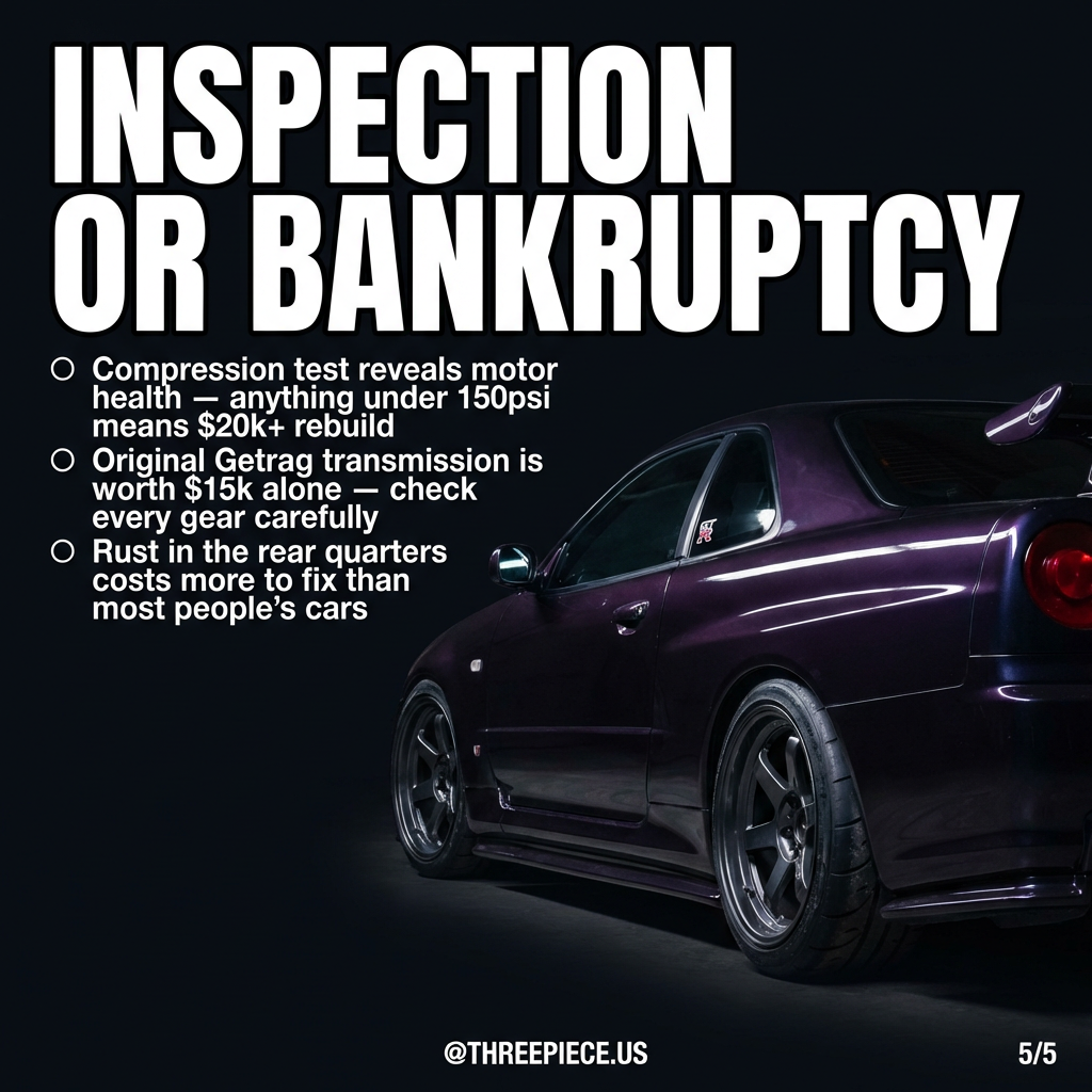 R34 GT-R undercarriage inspection showing rust points