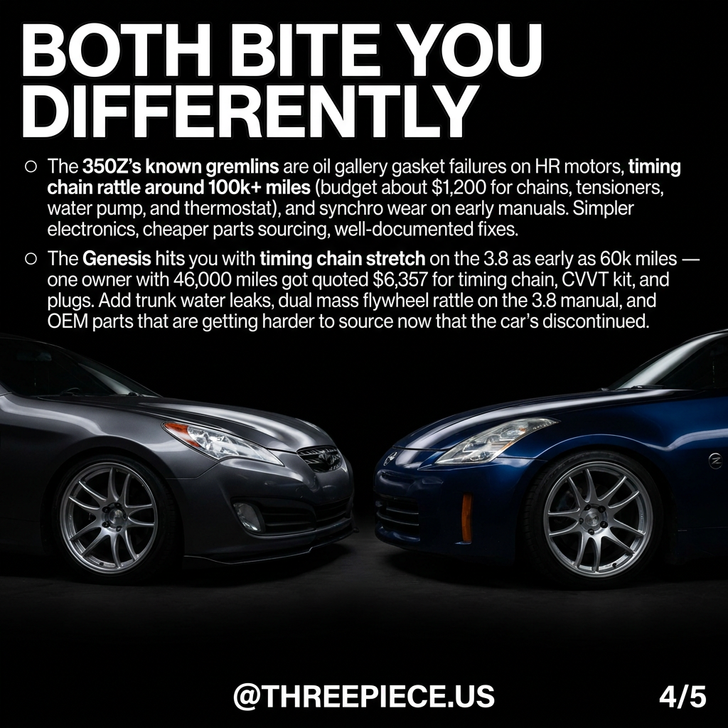 Hyundai Genesis Coupe and Nissan 350Z reliability comparison infographic