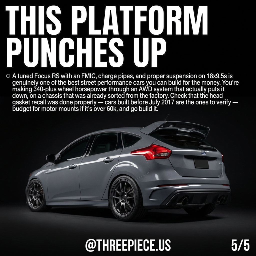 Ford Focus RS with 18x9.5 aftermarket wheels and 235/40R18 tires flush fitment