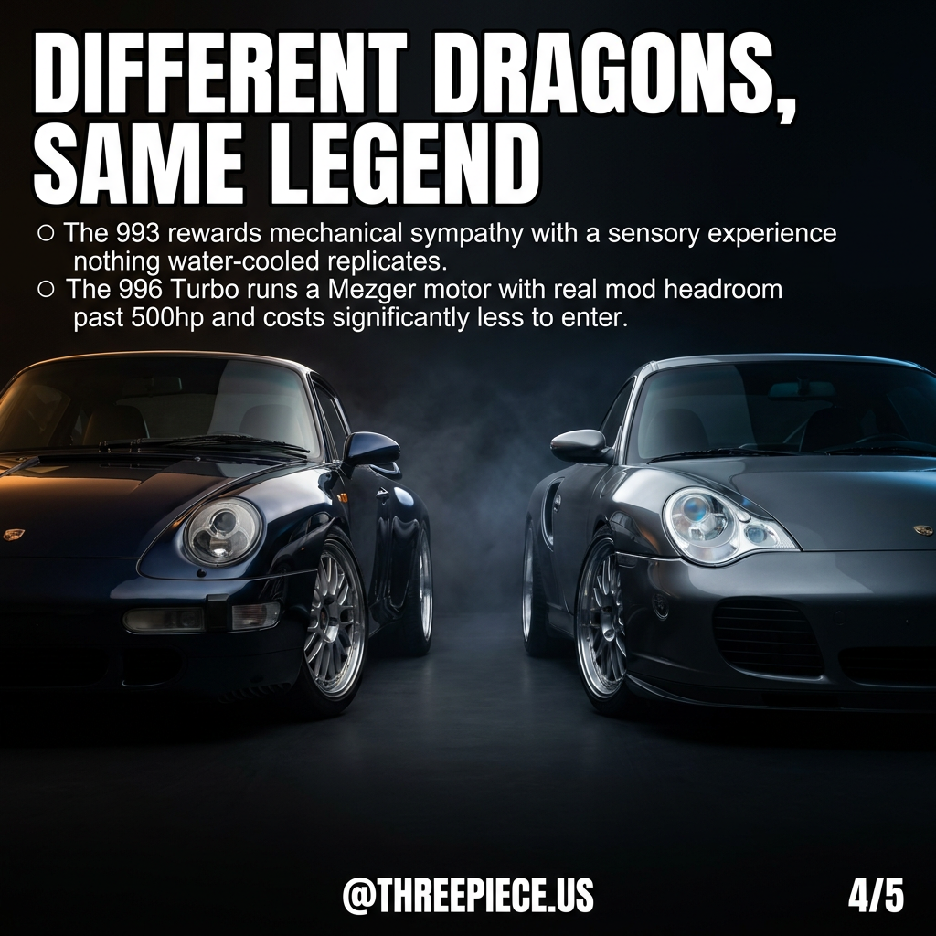 Porsche 993 Turbo and 996 Turbo comparison showing two generations of 911 Turbo