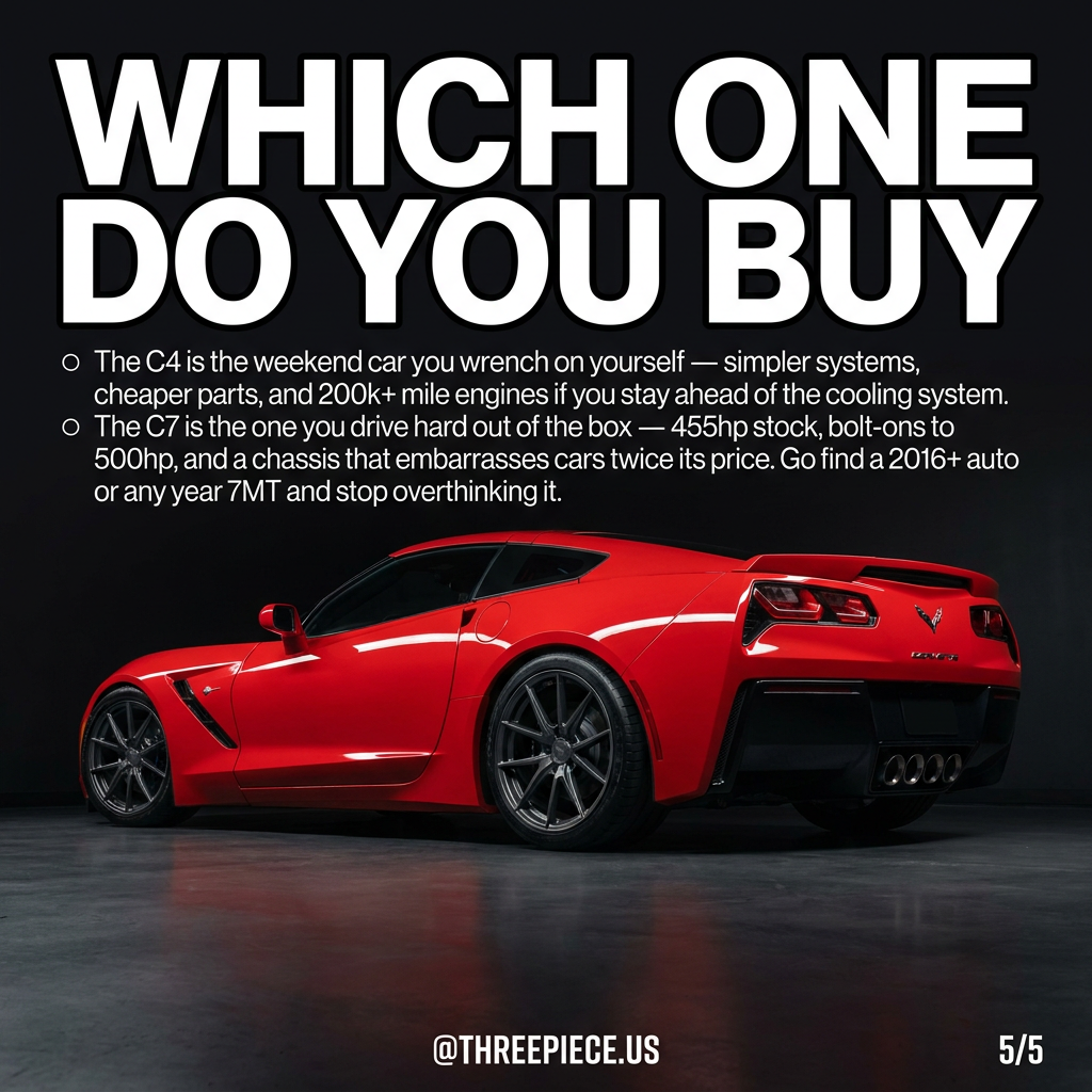 C4 and C7 Corvette side by side with aftermarket wheels