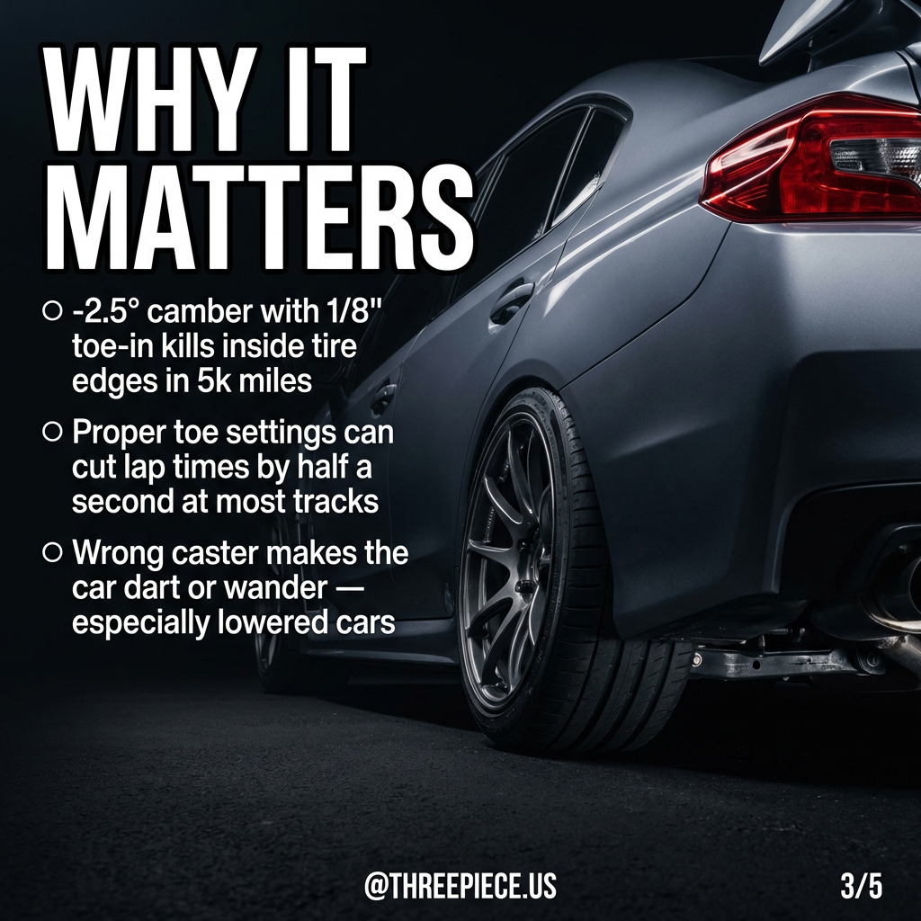 Tire wear patterns showing effects of improper camber and toe settings