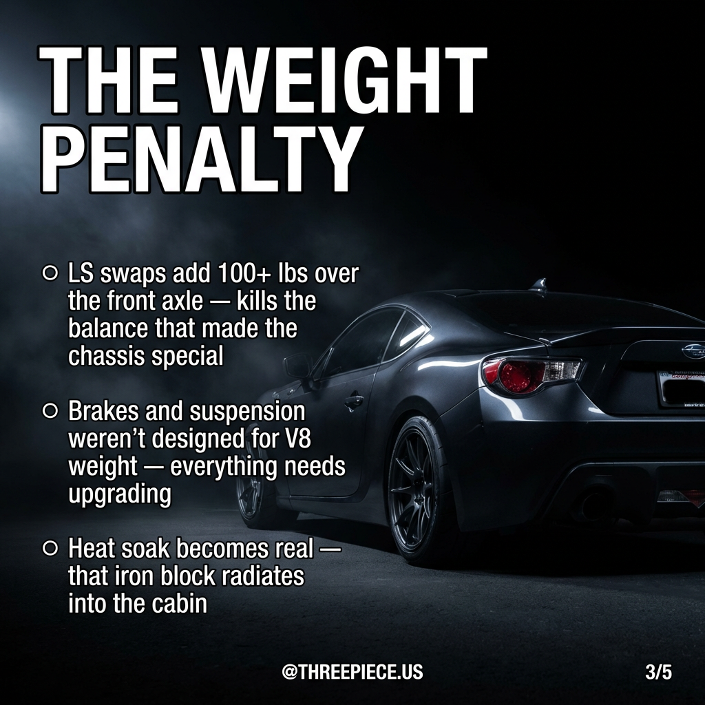Weight distribution comparison showing front-heavy LS swap versus balanced turbo four setup