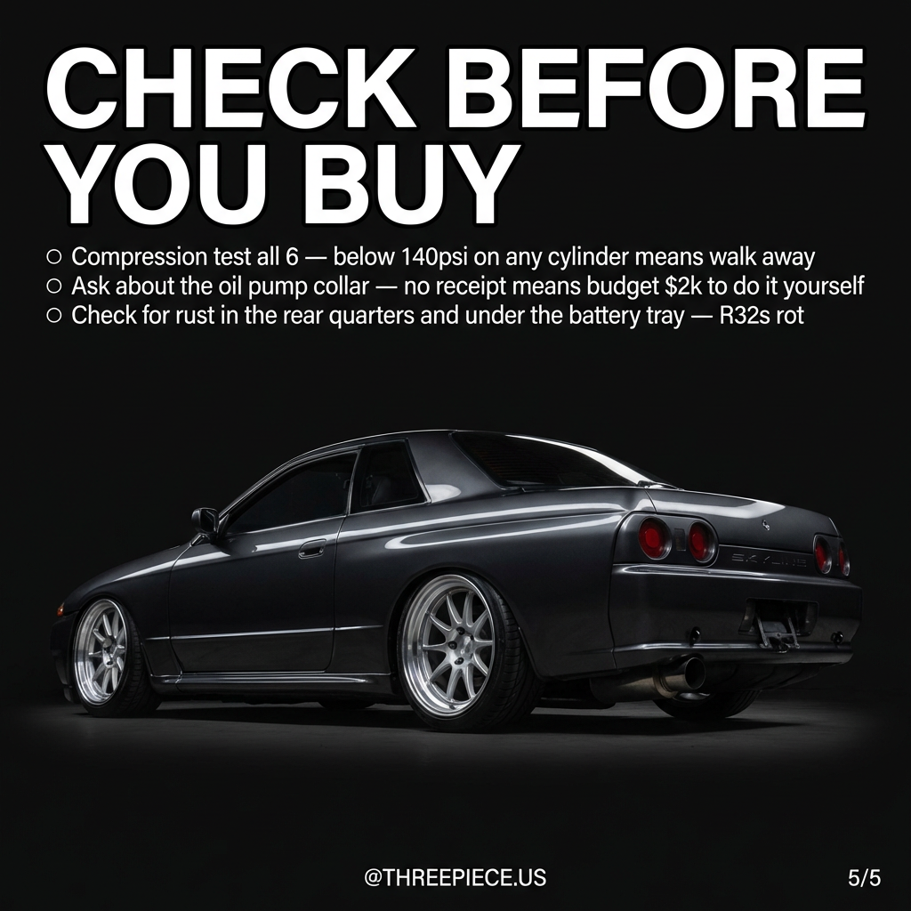 R32 GT-R pre-purchase inspection points including compression test and rust check