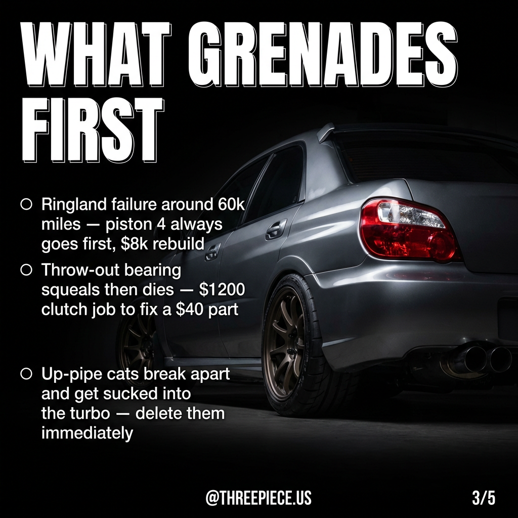 Subaru STI with gold BBS wheels and large rear wing showing iconic styling