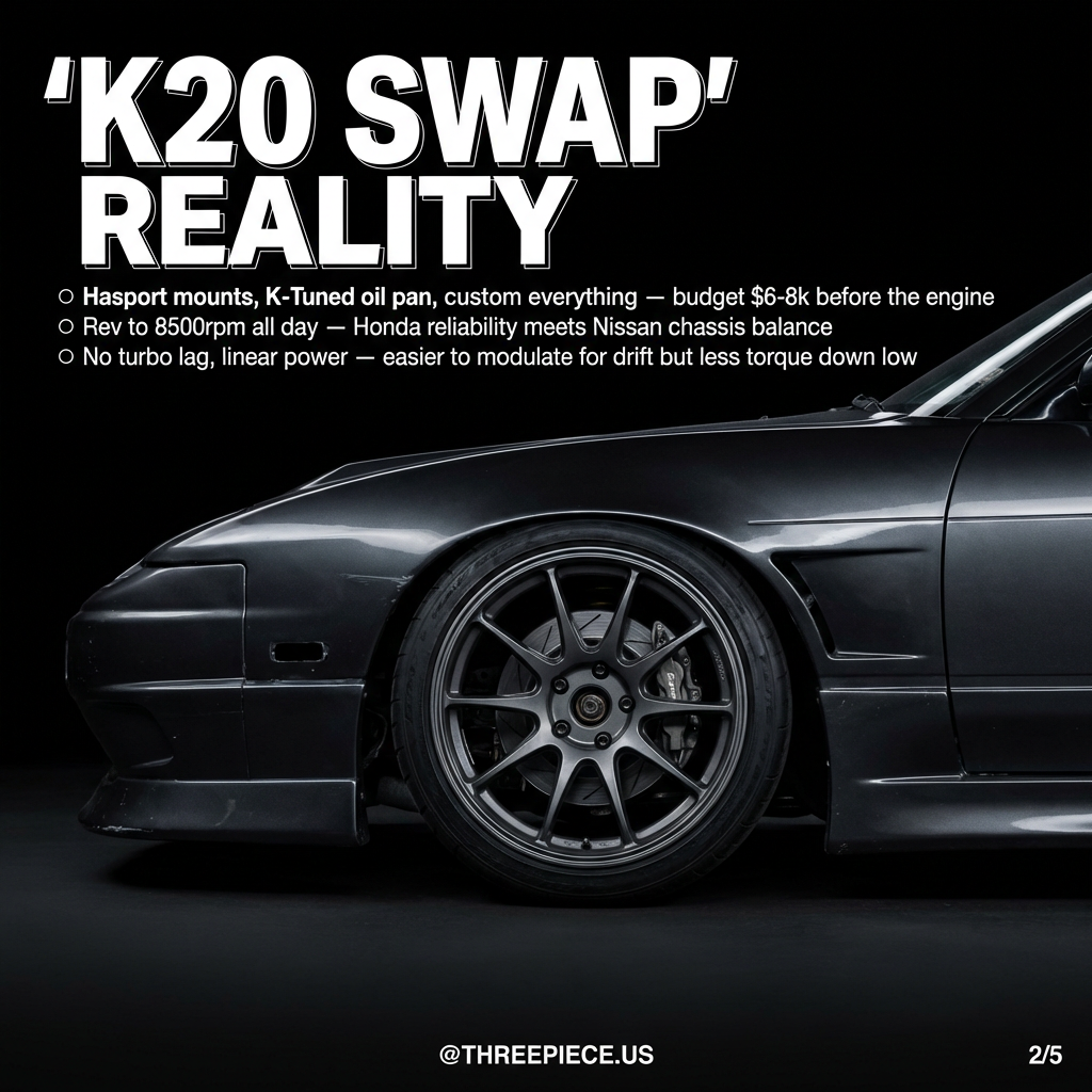 K20 Honda engine with custom oil pan and motor mounts for S13 swap