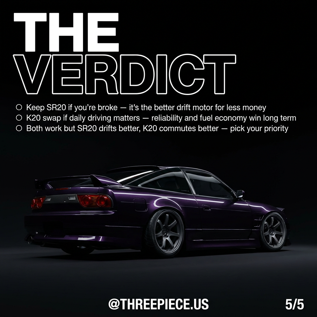 S13 240SX with K20 swap showing clean engine bay and daily driver setup