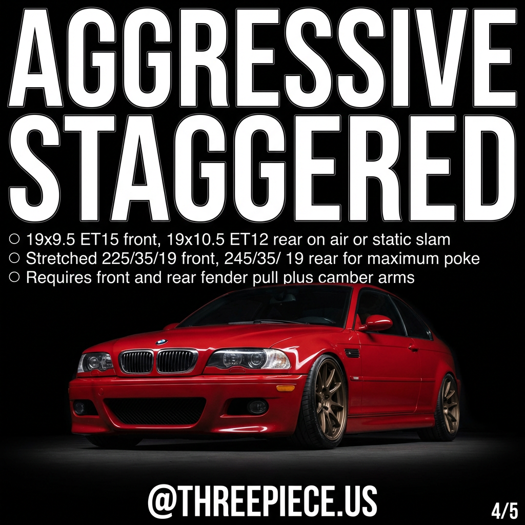 BMW E46 M3 aggressive staggered wheel setup with stretched tires