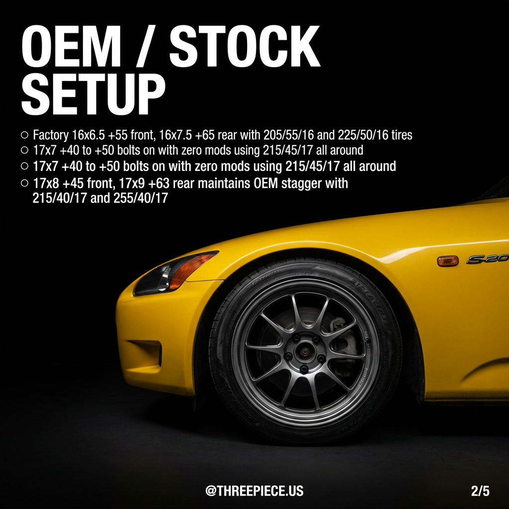 Honda S2000 wheel fitment guide showing different offset configurations